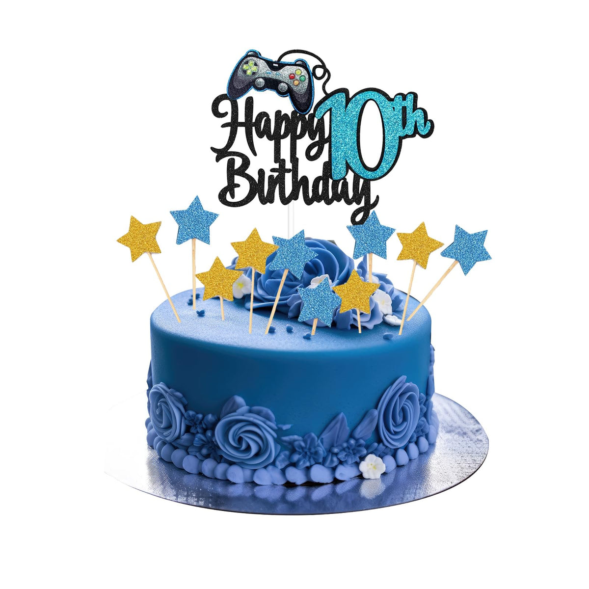 JEKUGOT Happy 10th Birthday Cake Topper, Glitter Video Game Cake Pick Game On Controllers 10 Cheers to 10 Years Cake Decoration, 10th Cake Topper (Blue)
