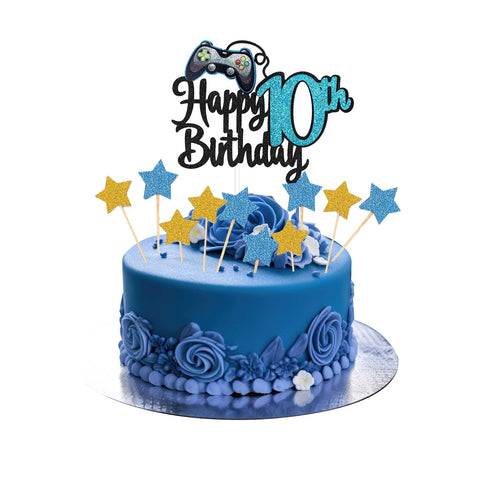 JEKUGOT Happy 10th Birthday Cake Topper, Glitter Video Game Cake Pick Game On Controllers 10 Cheers to 10 Years Cake Decoration, 10th Cake Topper (Blue)