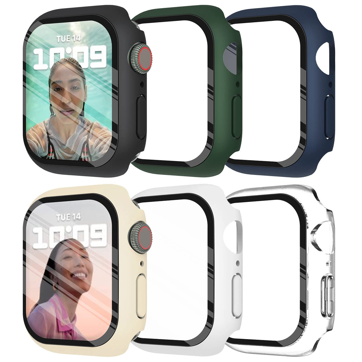 Fullife 6-Pack Apple Watch Series 9 41mm Cover with Screen Protector for Men Women, Matte Overall Shockproof Bumper Hard PC for iWatch Series 9 8 7 Case. (41mm, Green/Blue/White/Black/Starlight/Clear)