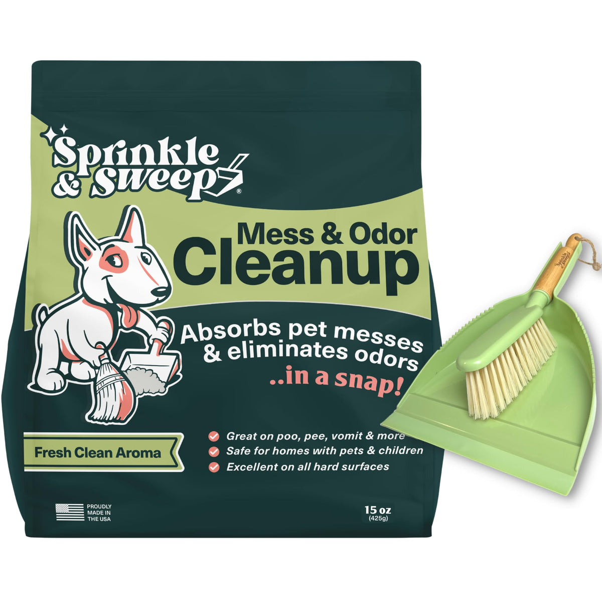 Sprinkle & Sweep Pet Accident Cleanup for all Hard Surface - Non Toxic Quick Pet Mess Cleaner & Odor Remover for Urine, Poop, Vomit, Diarrhea & Potty Training, Hair Balls (1Bag + Sweeper Kit)