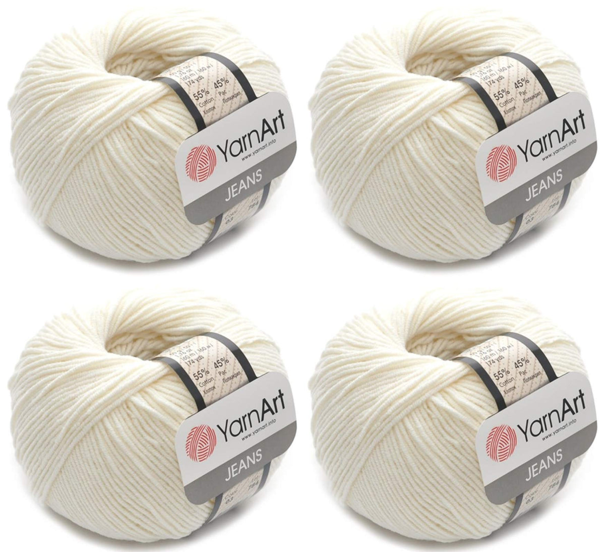 4 Skeins YarnArt Jeans 55% Cotton 45% Acrylic Yarn Blend Thread Crochet Hand Knitting Art Lot of 4skn 200 gr 696 yds (3-Cream)