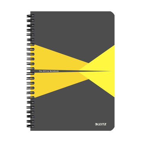 Leitz A5 Stiff Cover Notebook, Yellow (Wire Bound, 90 Sheets, Ruled, 1 Bookmark, 90 GSM Ivory Paper, Office Range)