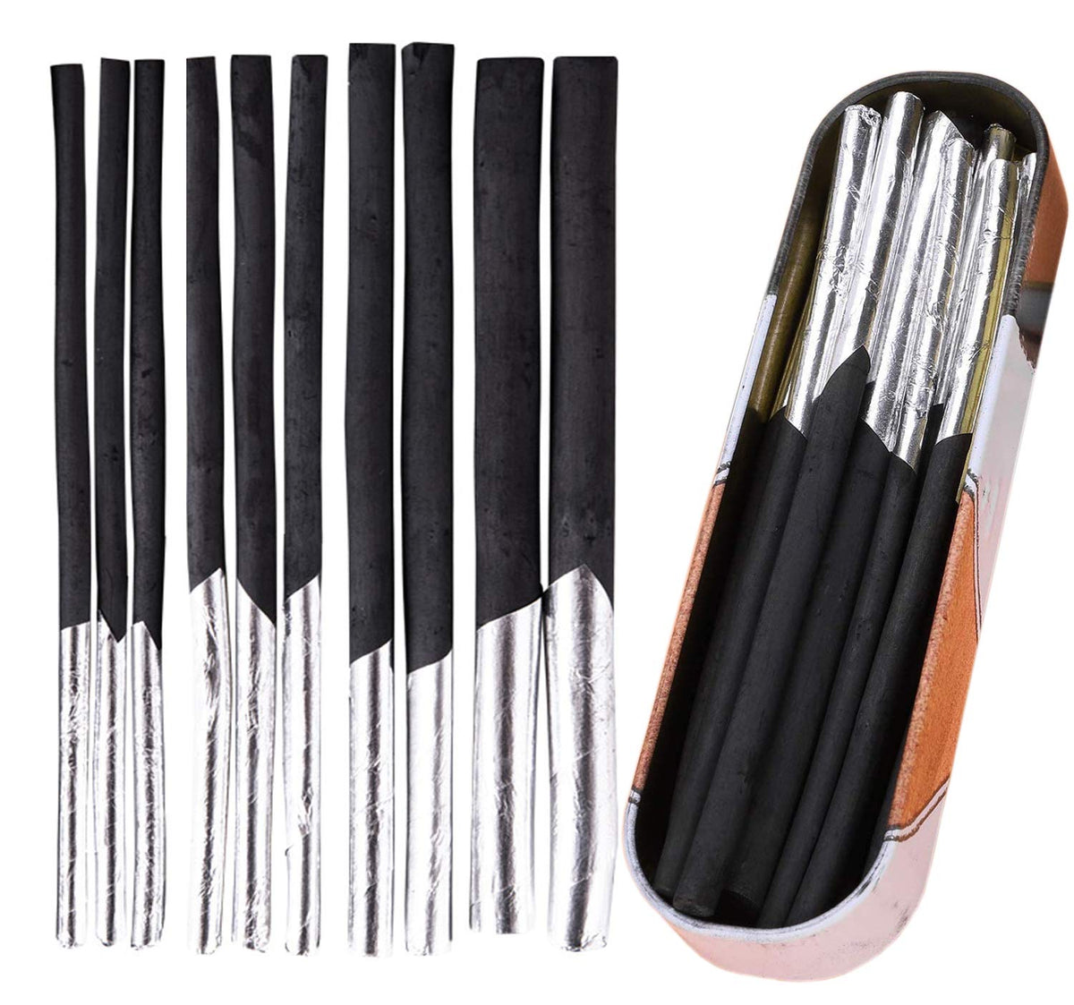 10pcs Soft Willow Vine Artist Charcoal Stick Charcoal Art Medium Vine Charcoal for Drawing Sketching Shading Art Supplier Gift, 4 Sizes, Vine Charcoal in Metal Pencil Case