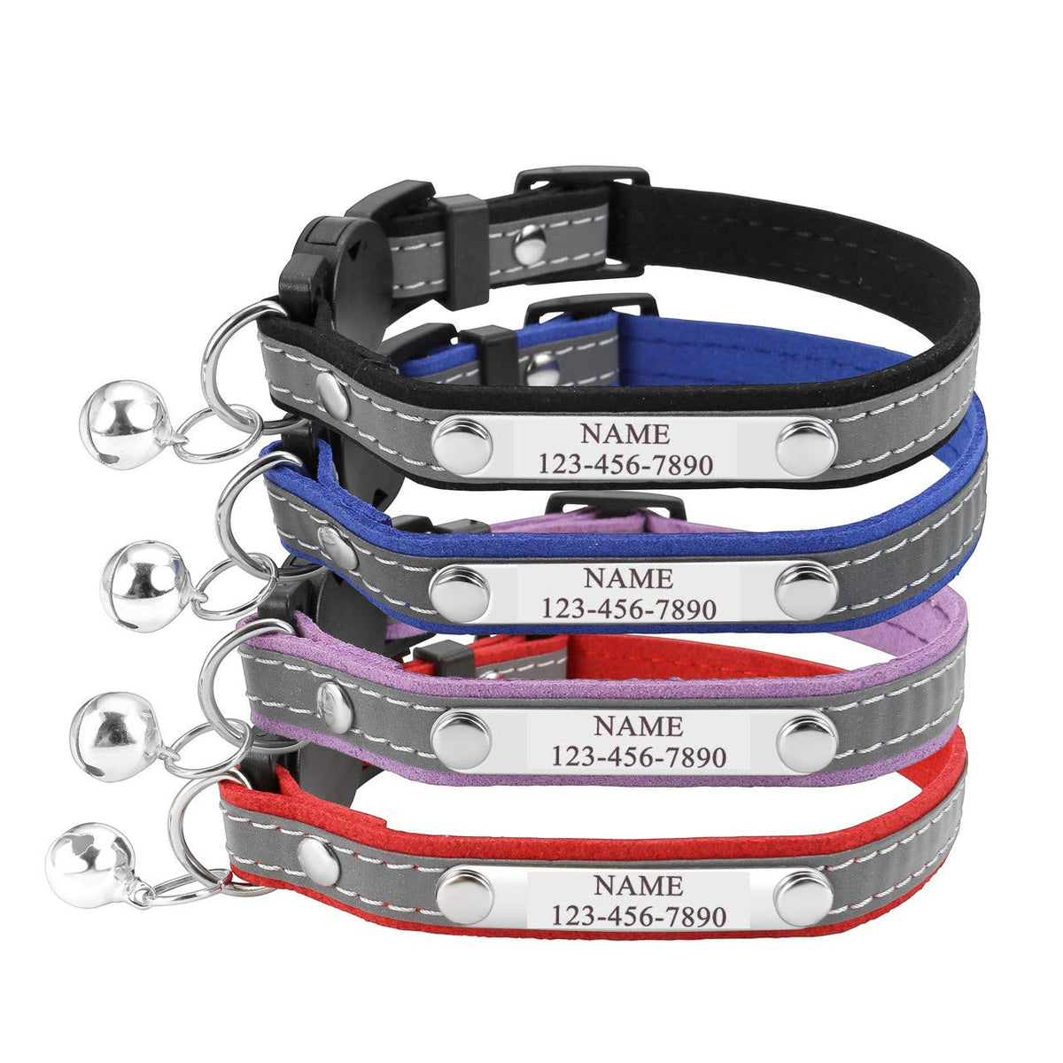 Mogoko Personalized Breakaway Cat Collar, Reflective Customized Kitten Pet Collar with Engraved ID Name Plate and Bell(Black) 7.8"-10.6" Neck