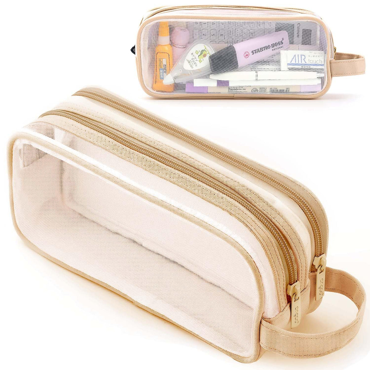 Large Grid Mesh Pencil Case 2 Compartments, Clear Pen Pencil Pouch with Zipper, Multifunction Transparent Stationery Bag for Student College Office Teen Boys Girls Makeup Bag for Adults (Light Coffee)