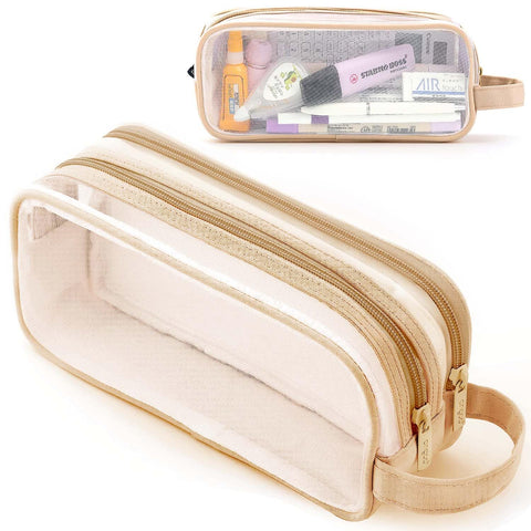 Large Grid Mesh Pencil Case 2 Compartments, Clear Pen Pencil Pouch with Zipper, Multifunction Transparent Stationery Bag for Student College Office Teen Boys Girls Makeup Bag for Adults (Light Coffee)