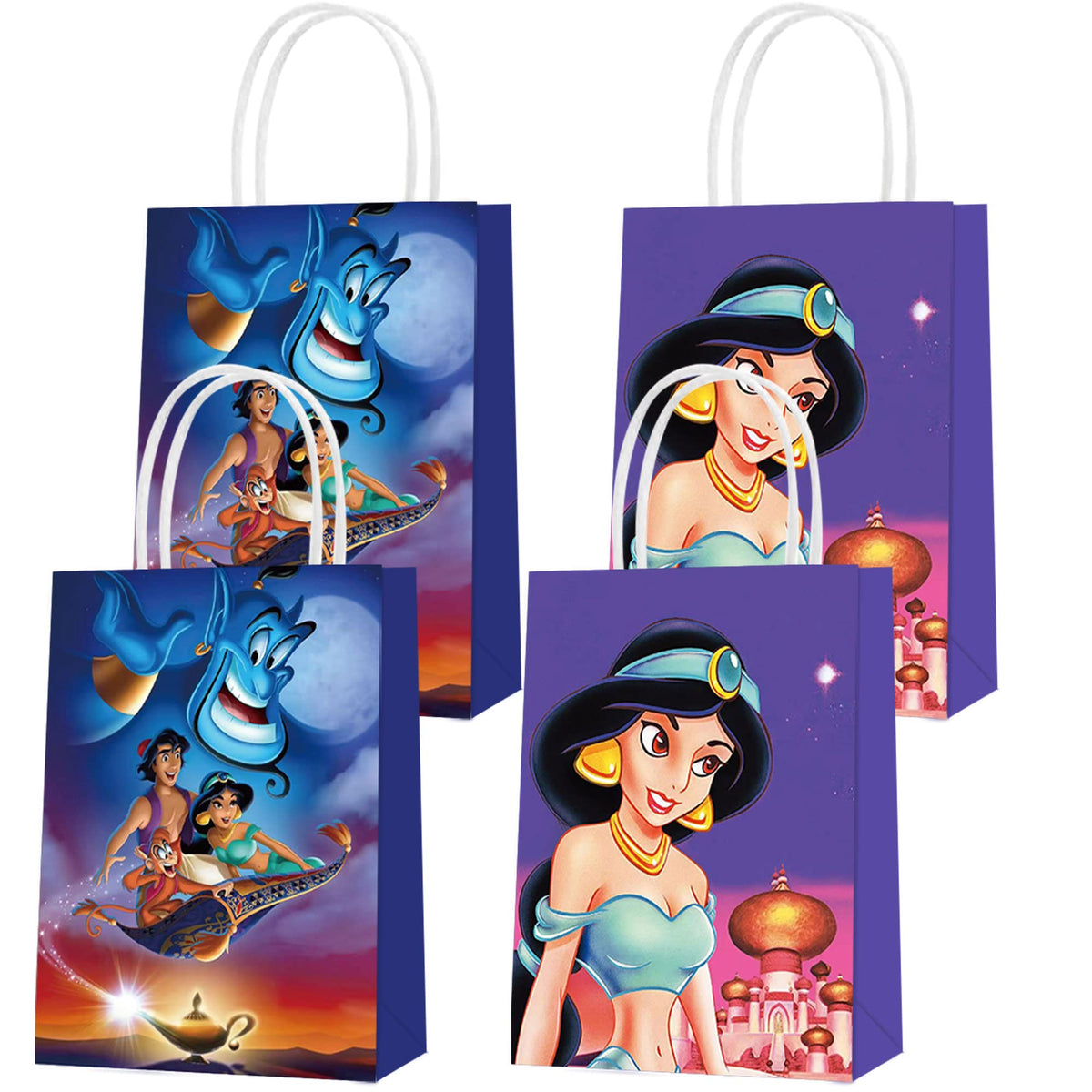 16 Pcs Aladdin and Jasmine Party Paper Gift Bags, 2 Styles Party Favor Bags with Handles for Princess Jasmine Party Decorations, Goody Bags Candy Gift Bags for Boys Girls Kids Birthday Party Supplies