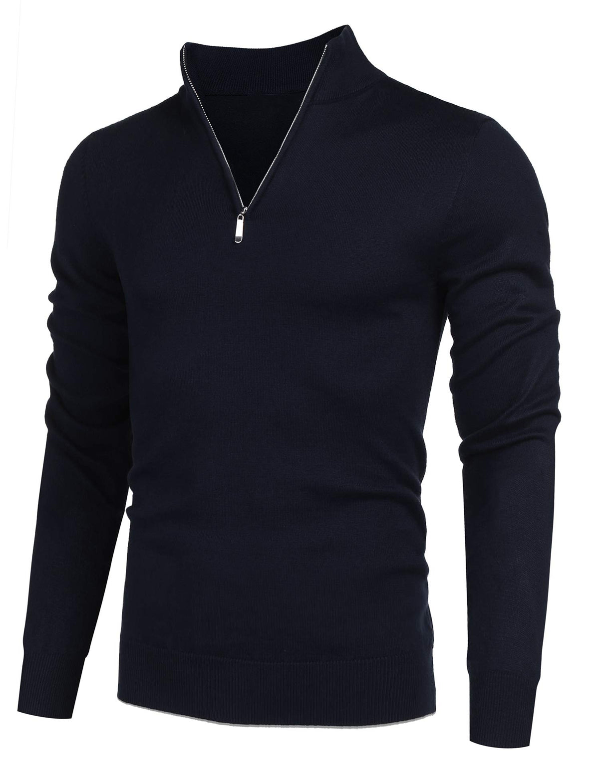 COOFANDY Men's Quarter Zip Up Sweaters Slim Fit Lightweight Mock Neck Pullover Casual Polo Sweaters, Navy Blue, XXL