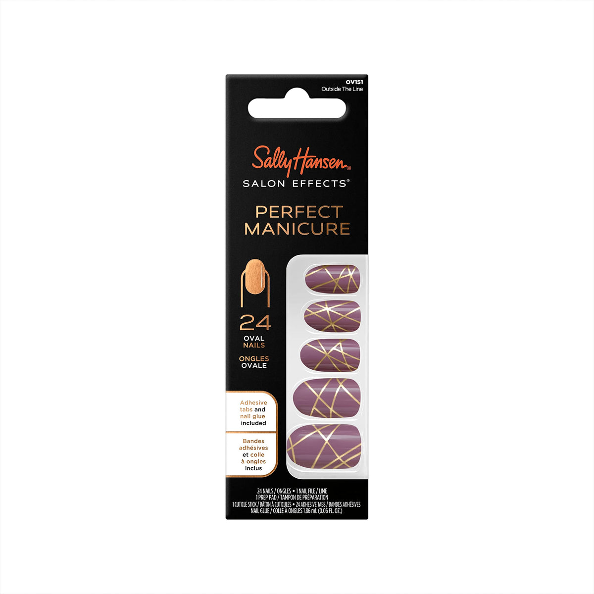 Sally Hansen Salon EffectsÂ® Perfect Manicure, Outside The Line, Press On Nails, Oval Shaped, Non-Damaging Adhesive Tabs, File, and Alcohol Pad Included