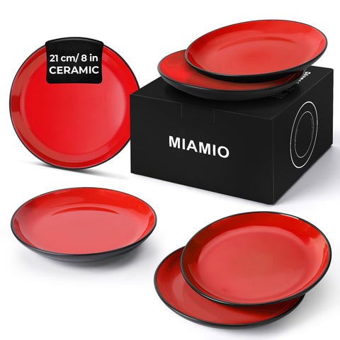 MIAMIO - 6 x Plate/Dinner Plate Set Stoneware Ceramic Tableware Set - Le Papillon Collection (Red, 21 cm)