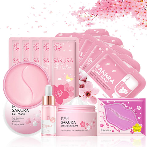 Skin Care For Teenage Girls,Cherry Blossom Skincare Sets Teen Skincare Set, Pamper Sets For Women Gifts,Skin Care Sets & Kits Face Serum,Face Cream,Sleep Mask,Eye Mask,Mud Mask,Lip Mask (SetA)