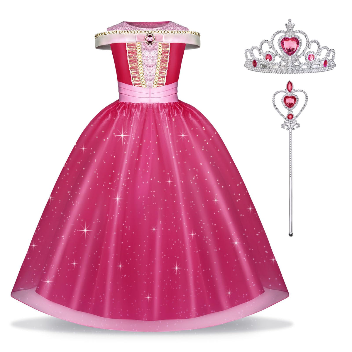 URAQT Princess Costumes for Girls, Sleeping Beauty Costumes for Girls with Wand and Crown, Girl's Aurora Costume, Princess Fancy Dress Up for Cosplay Carnival Halloween Christmas Birthday Party?4-5 Y?