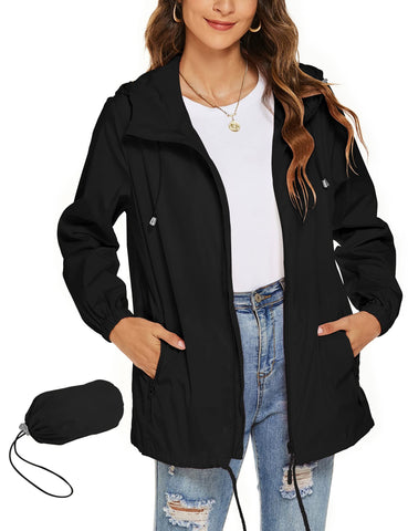 Rapbin Rain Coats for Women Waterproof Lightweight Thin Summer Jackets Raincoat Outdoor Active Rain Jacket Windbreaker(Black,XXL)