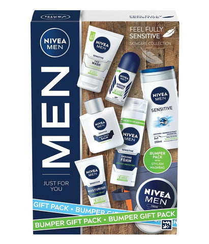 NIVEA MEN Feel Fully Sensitive Skincare Collection Bumper Gift Pack, with Shower Gel, Anti-Perspirant, Face Wash, Shaving Foam, Post Shave Balm and Moisturisers