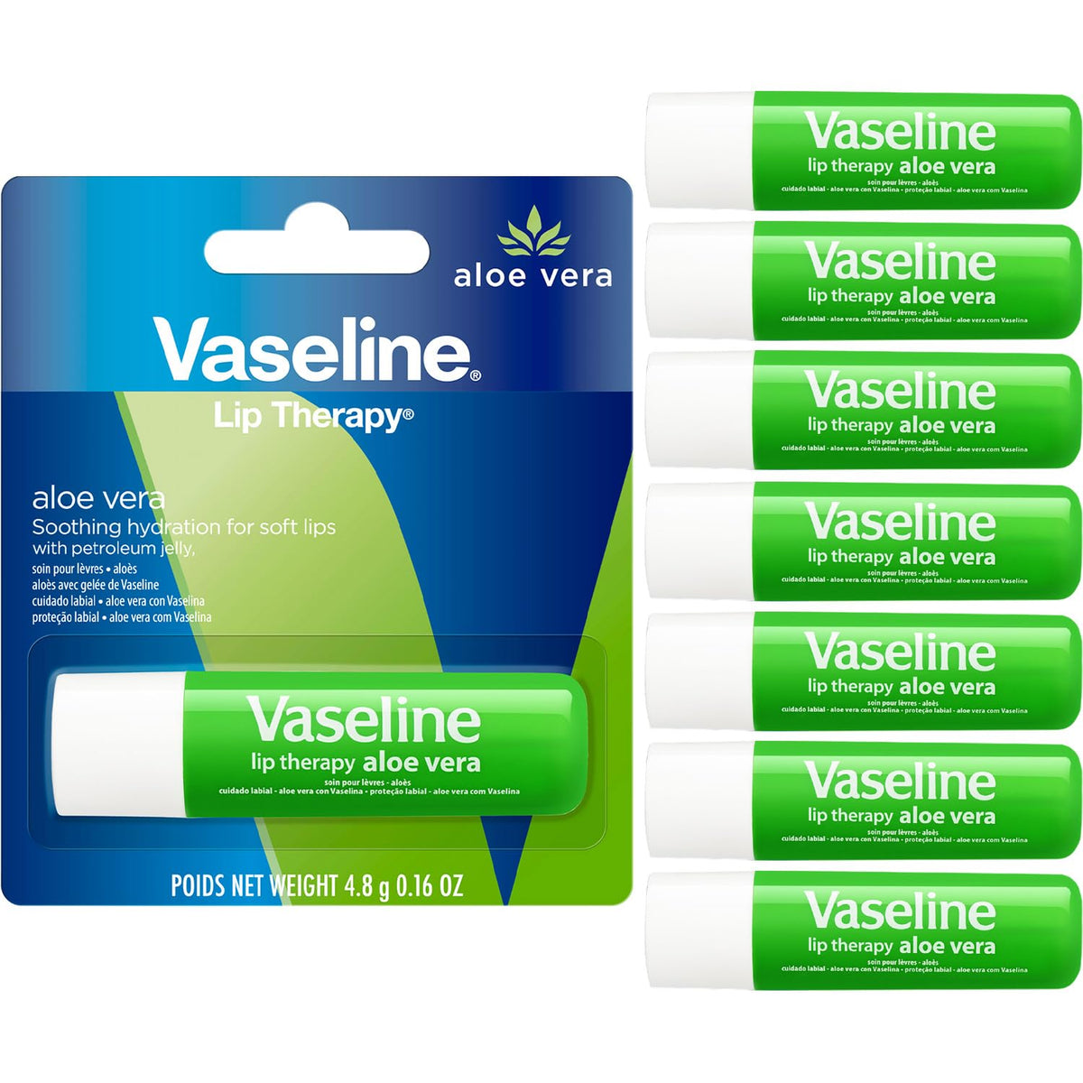 Vaseline Lip Therapy Aloe Fresh - Hydrating Lip Balm Pack, Vaseline Stick, Lip Moisturizer for Dry Lips, 0.16 Oz Each (Pack of 8)