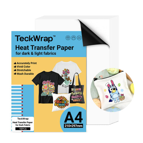 TECKWRAP Printable Heat Transfer Paper for T-Shirts 15 Sheets, 8.3" X 11.7" Printable Heat Transfer Vinyl for Inkjet Printer, Iron on Transfer Paper for Light and Dark Fabric (Matte White)