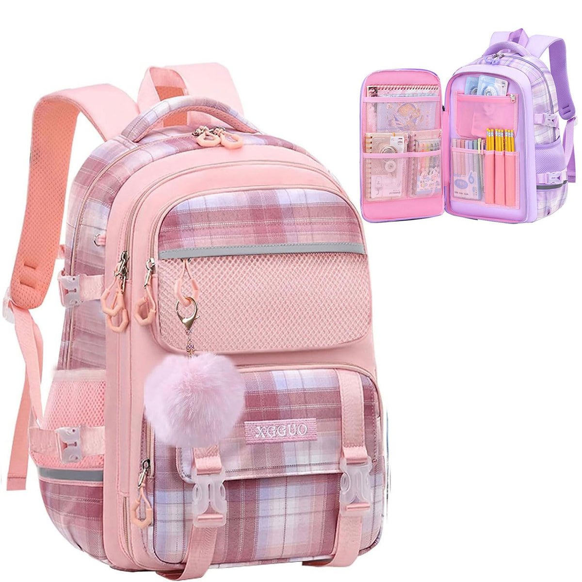 WYCY School Backpacks for Girls Kawaii Backpack Large Capacity Kids School Bag for Girls 8-12 Years Old (plaid pink)