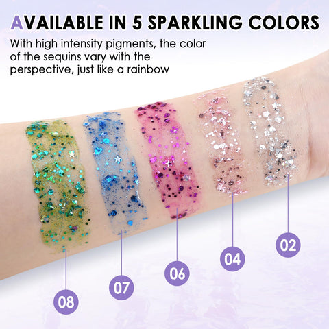 Boobeen Body Glitter Gel, Long Lasting Waterproof Glitter Makeup for Body, Hair, Face, Nail, Quick Dry Liquid Glitter Eyeshadow for Women, Sparkling Makeup Gel for Rave Festival Party