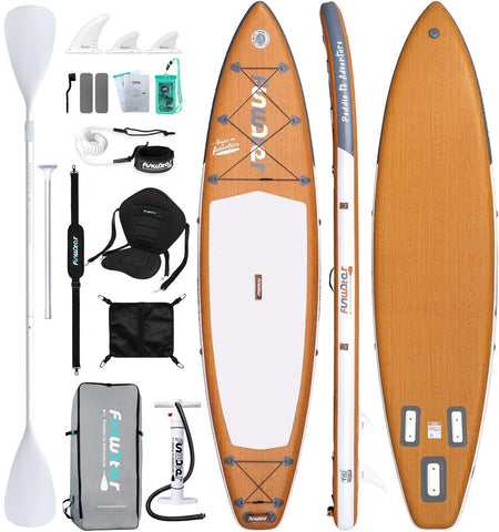 FunWater Retro Tiki Inflatable Stand Up Paddle Board Extra Long and Wide 11 feet 6 x 33 inches with Pump, Deck Bag