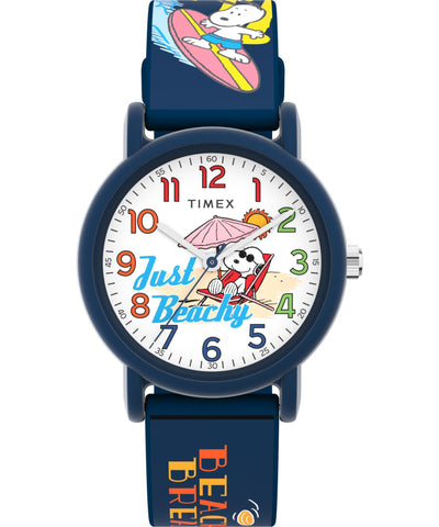 Timex Unisex Peanuts Just Beachy 36mm Watch - Blue Strap White Dial Blue Case