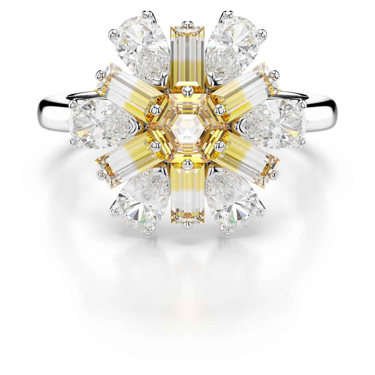 SWAROVSKI Idyllia Cocktail Ring, Flower Motif with Yellow and Clear Mixed-Cut Crystals in a Rhodium-Finished Setting, Ring Size 7-9, Part of the Idyllia Collection