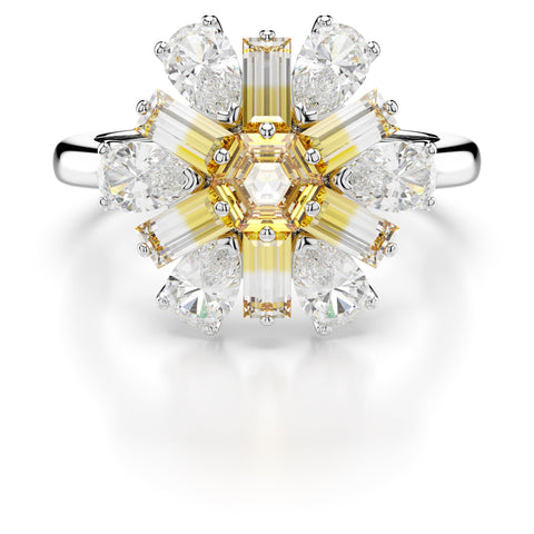 SWAROVSKI Idyllia Cocktail Ring, Flower Motif with Yellow and Clear Mixed-Cut Crystals in a Rhodium-Finished Setting, Ring Size 7-9, Part of the Idyllia Collection