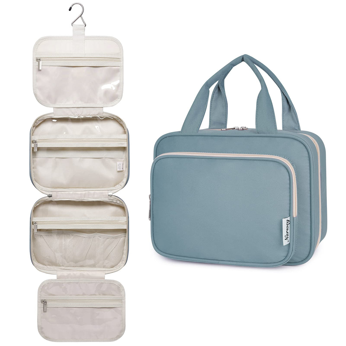Narwey Hanging Travel Toiletry Bag for Women Wash Bag Cosmetics Makeup Bag Organizer for Travel Size Accessories (Greyish Blue (Medium))