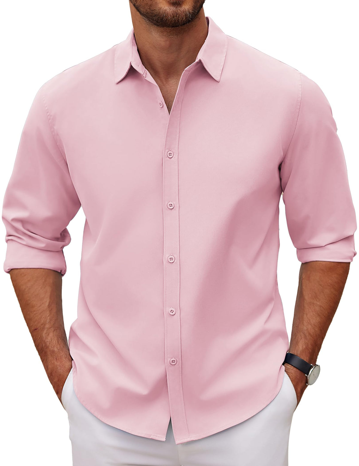COOFANDY Men's Pink Button Down Long Sleeve Shirt Untucked Chambray Shirts Slim Fit Spring Autumn Shirt Pink XL