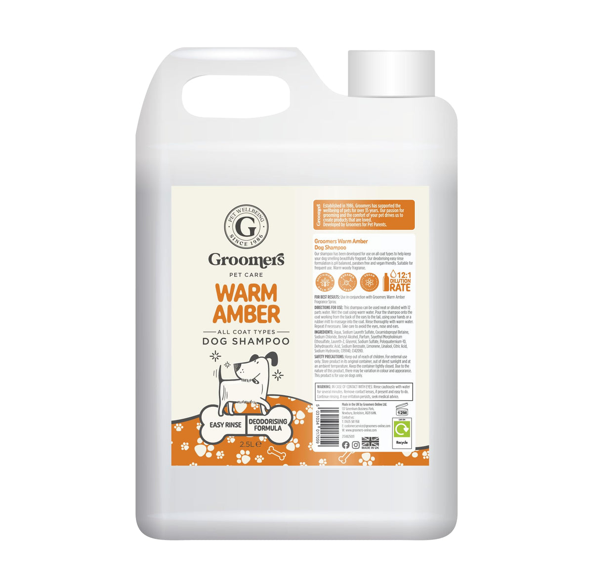 Groomers - Warm Amber Dog Shampoo- Dog Grooming Shampoo products for smelly dogs with warm amber scent - best puppy & adult shampoo - Vegan pet shampoo - professional - 2.5l