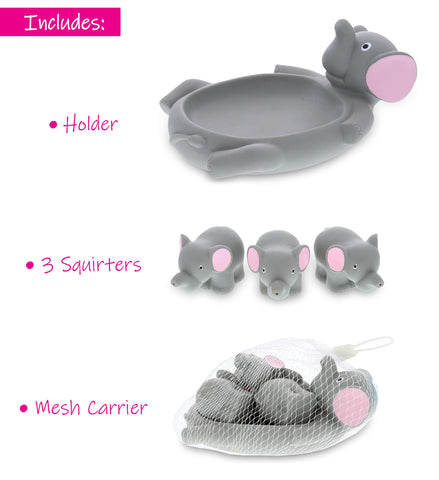 DolliBu Elephant Family Animal Bath Squirters 4 Piece Bath Toy Set, Children Bath Toys for Bathtime & Water Fun, Girls & Boys Floating Rubber Squirt Toys, Pool Toys for Kids - Gray Elephant