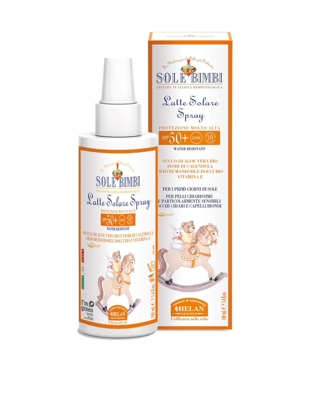 Helan Sole Bimbi - Sunscreen Spf 50 + for Babies, Sun Cream Spray with Aloe Vera Juice, Vitamin E & Sweet Almond Oil, Water Resistant Sun Lotion Against Redness & Irritation - Made in Italy, 100 ml