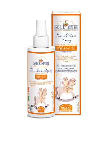 Helan Sole Bimbi - Sunscreen Spf 50 + for Babies, Sun Cream Spray with Aloe Vera Juice, Vitamin E & Sweet Almond Oil, Water Resistant Sun Lotion Against Redness & Irritation - Made in Italy, 100 ml