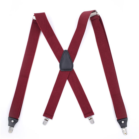 WannGe Mens Suspenders Adjustable Elastic - Heavy Duty 1.4 Inch Wide X Shape 4 Strong Clips Suspender Braces - Burgundy