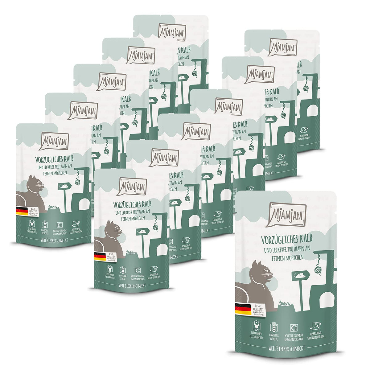 MjAMjAM - premium wet food for cats - Quetschie - excellent veal & turkey with delicious carrots, pack of 12 (12 x 125 g), grain-free with extra meat