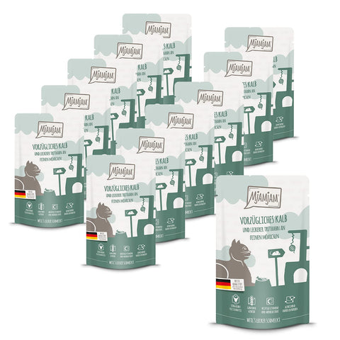 MjAMjAM - premium wet food for cats - Quetschie - excellent veal & turkey with delicious carrots, pack of 12 (12 x 125 g), grain-free with extra meat