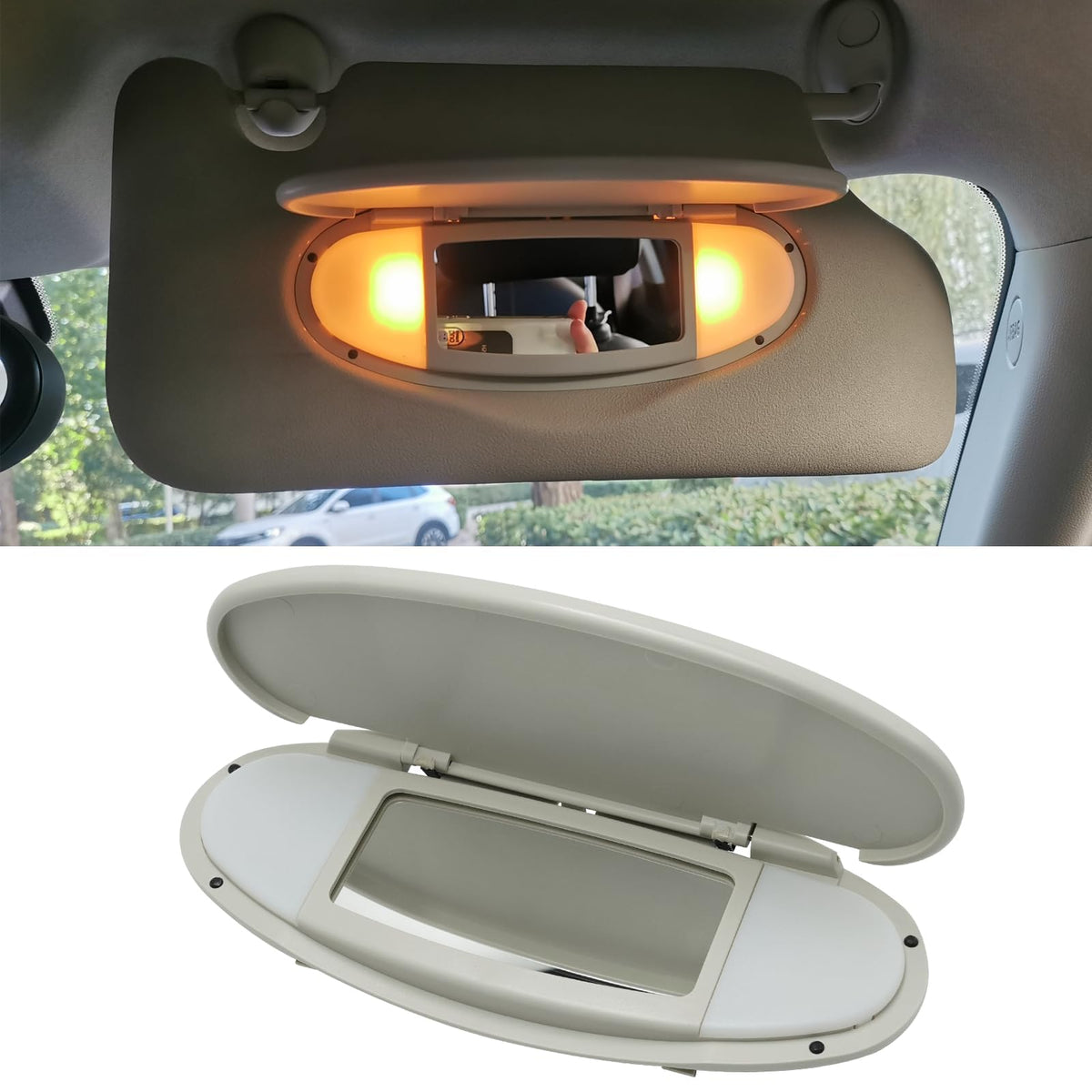 Abodvu Compatible with Mini Cooper Sun Visor Vanity Mirror Cover 2007-2014,Front Visor Illuminated Mirror Cover Replacement R55/56/60 for Left/Right,1PCS Sun Visor Makeup Mirror Buckle Cover,Beige