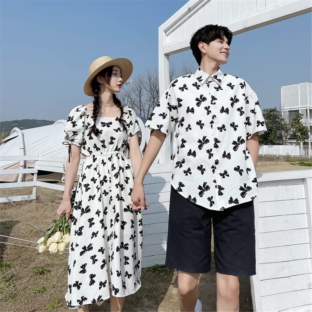 Couple Matching Clothes College School White Waist Dress Shirt Summer Beach Fashion Style Vacation Women Outfit Wear Set (Color : White, Size : Woman M code)