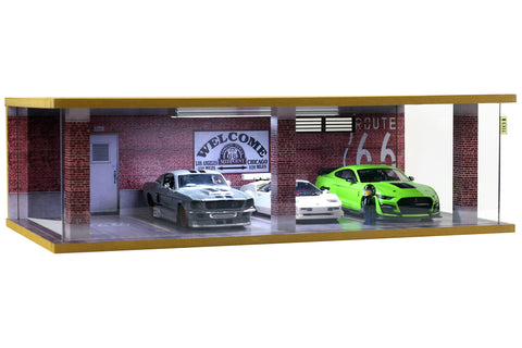 1/24 Scale Die-cast Car Garage Display Case with Clear Acrylic Cover and LED Lighting for 4 Parking Space (1:24-4 Parking Route 66)