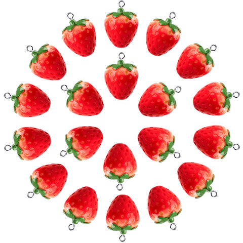 OIIKI 20Pcs 3D Red Strawberry Pendants, Resin Strawberry Beads with Green Leaf DIY Crafts Supplies Decoration Accessories for Jewelry Making Necklaces Earrings