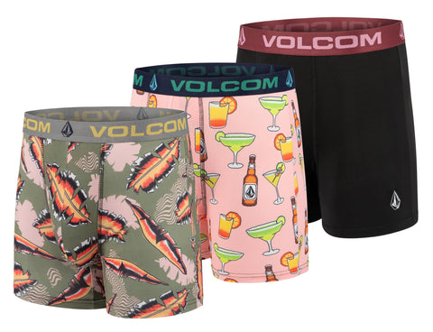 Volcom Mens Boxer Briefs 3 Pack Poly Spandex Performance Boxer Briefs Underwear(Leaves/Cocktails/Black, Medium)