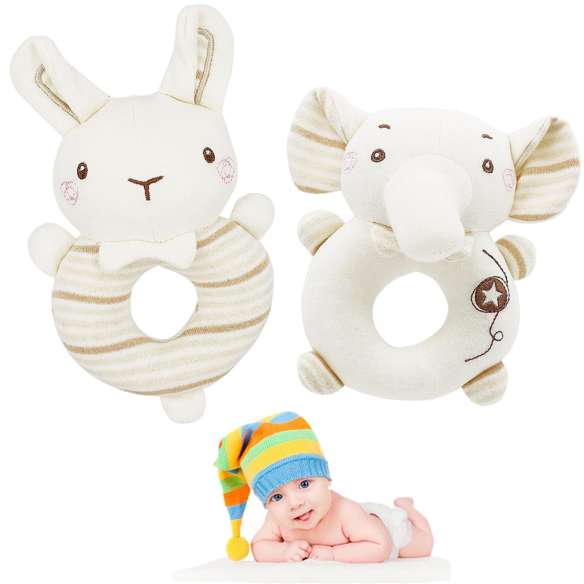 FenFang Baby Rattle Toy Set, 2 Pcs Soft Rattle Rings Shaker for Boys & Girls 0-3-6-9-12 Months, Baby First Toys Newborn, Easy Grasp Stuffed Animals Sensory Toys, Gifts for Infants, Elephant & Rabbit