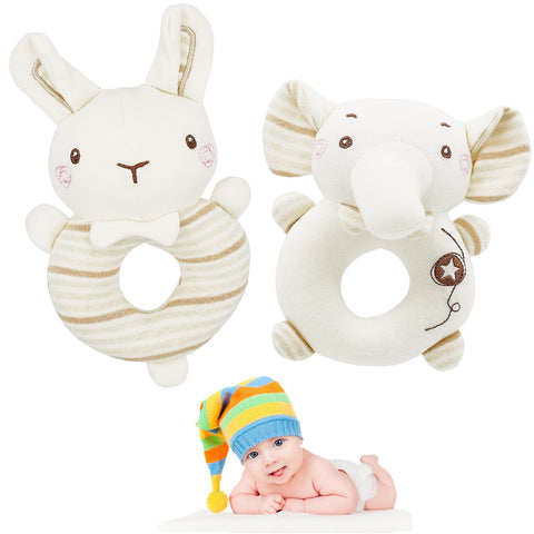 FenFang Baby Rattle Toy Set, 2 Pcs Soft Rattle Rings Shaker for Boys & Girls 0-3-6-9-12 Months, Baby First Toys Newborn, Easy Grasp Stuffed Animals Sensory Toys, Gifts for Infants, Elephant & Rabbit