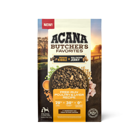 ACANA Butcher's Favorites Dry Dog Food, Free-Run Poultry* & Liver Recipe, Dog Food Kibble & real chicken jerky, 17lb