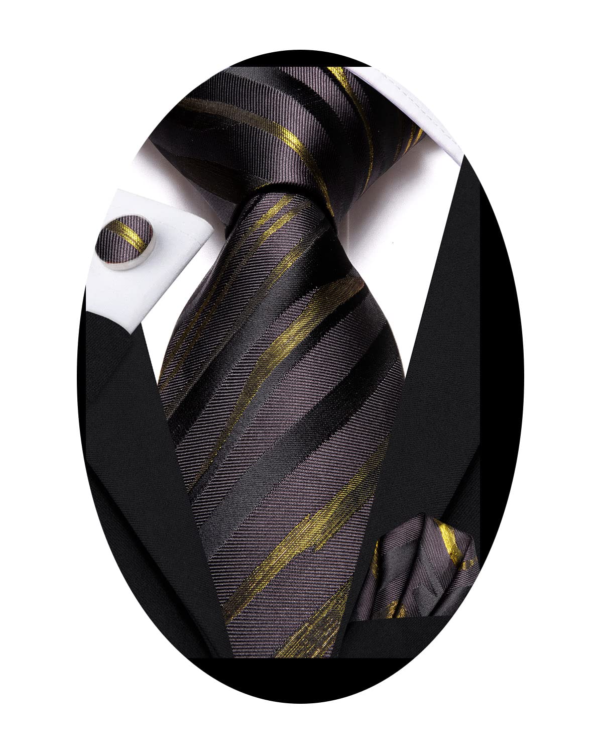 Hi-Tie 70 Inch Off Black Dark Gold Ties for Men Silk Striped Extra Long Tall Mens Ties Necktie and Pocket Square Cufflinks Set