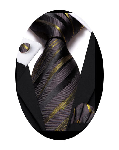 Hi-Tie 70 Inch Off Black Dark Gold Ties for Men Silk Striped Extra Long Tall Mens Ties Necktie and Pocket Square Cufflinks Set