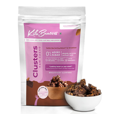 KILOBEATERS Clusters Muesli, Low Carb Breakfast Cereals With High Protein, No Added Sugar, Diet Food, Raw Cacao (400 gm) Pack of 1