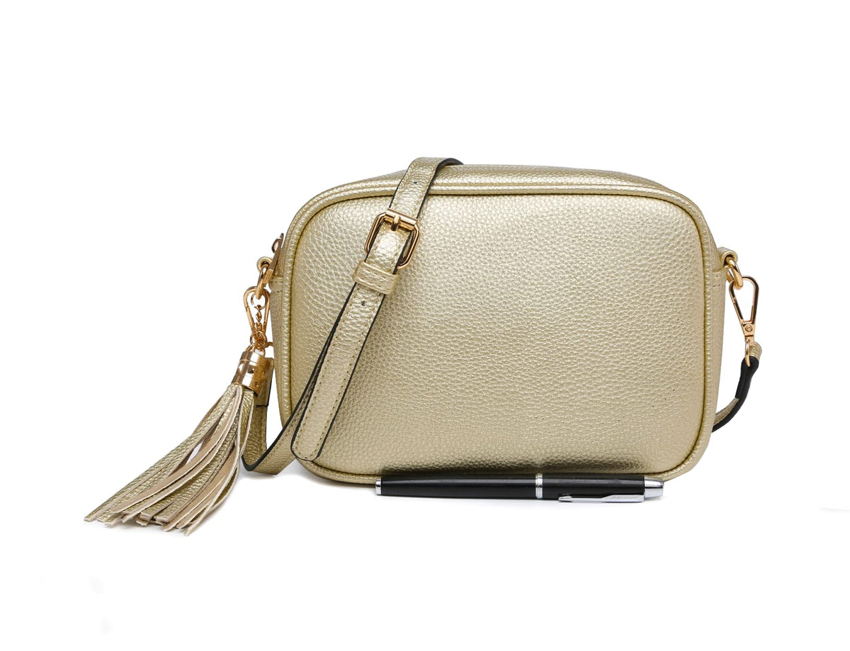 Women's Classic Design Lightweight Vegan Leather Crossbody Shoulder Handbag Practical Ladies Casual Messenger Handbag With Tassel Charm (Gold)