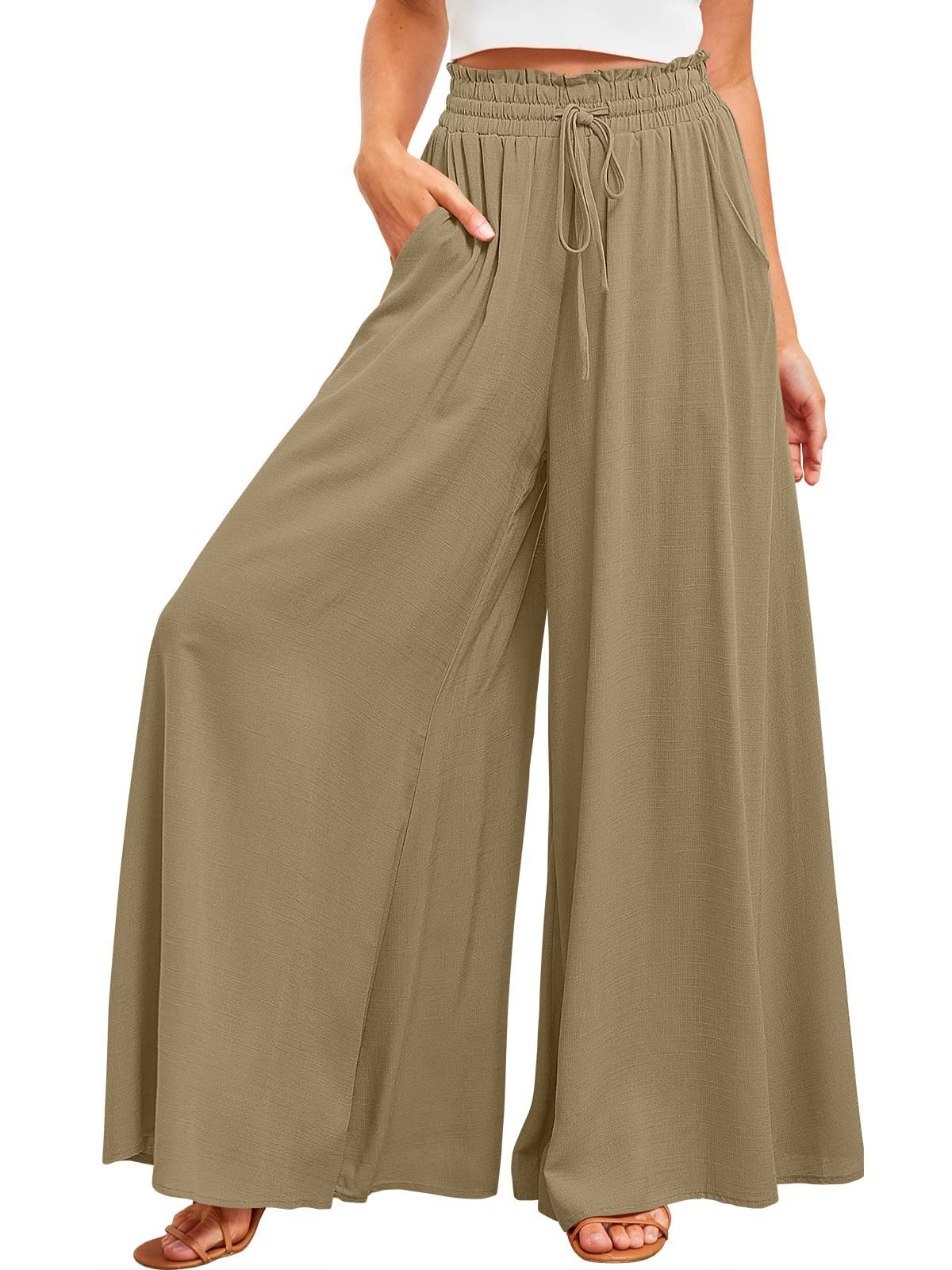 utcoco Palazzo Pants for Women Casual Loose High Waisted Wide Leg Pants with Drawstring (Small, Brown)