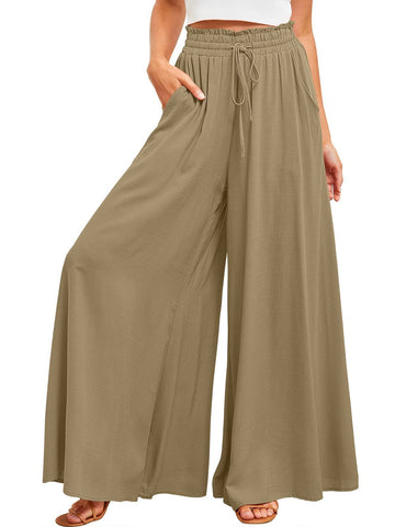 utcoco Palazzo Pants for Women Casual Loose High Waisted Wide Leg Pants with Drawstring (Small, Brown)