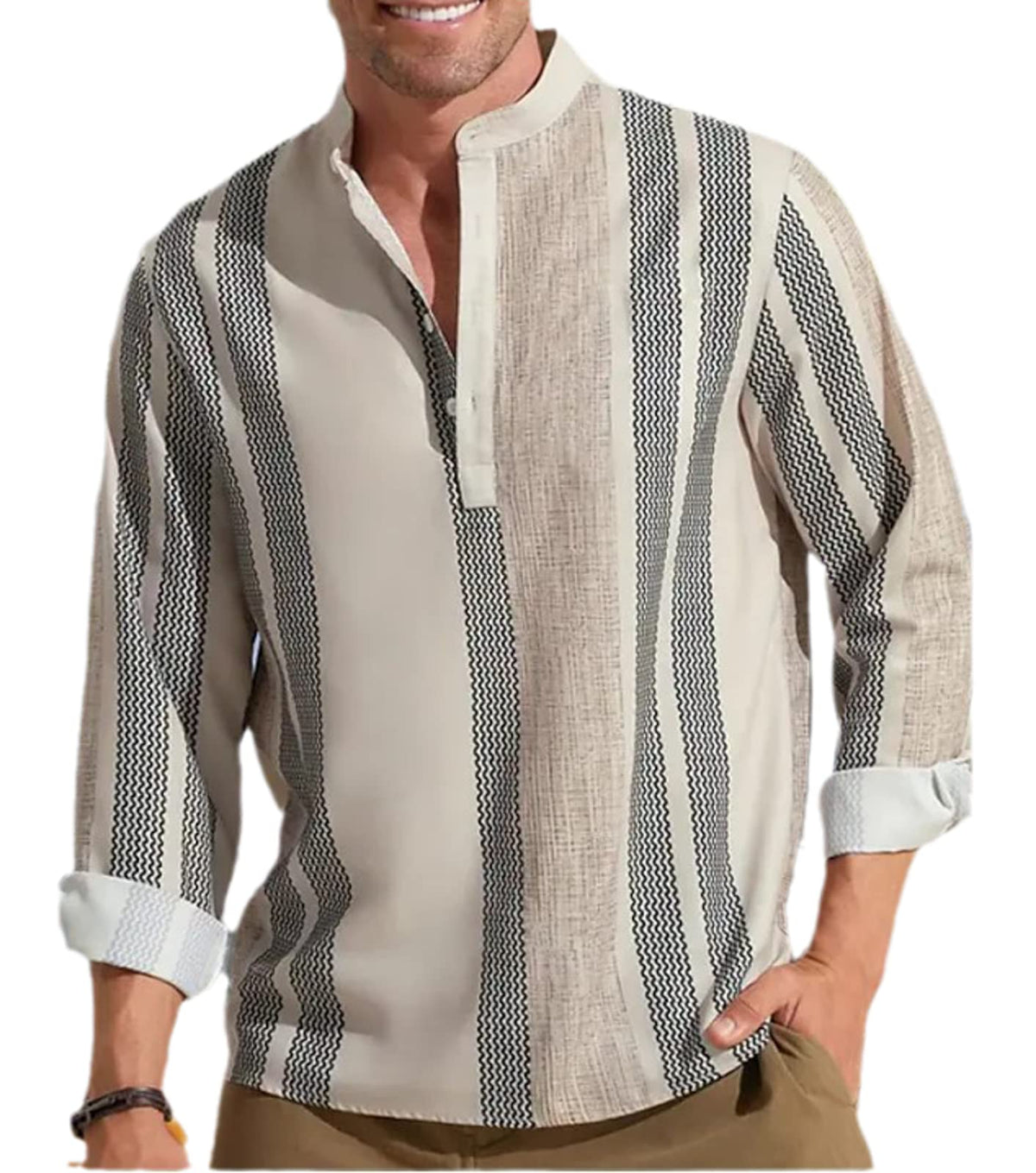 PUCEK Men's Striped Printed Vneck Linen Shirt Fashion Loose Button Stand Collar Long Sleeve Cotton Linen Shirts Color1 S